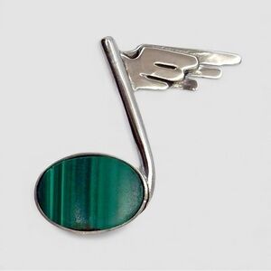 Vintage Taxco Mexico Sterling Silver Malachite Music Note Pendant Signed MB 925